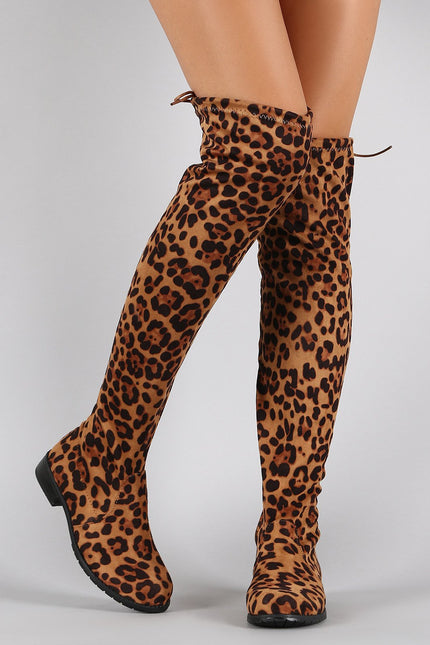 Bamboo Leopard Suede Tied Flat Thigh High Boot