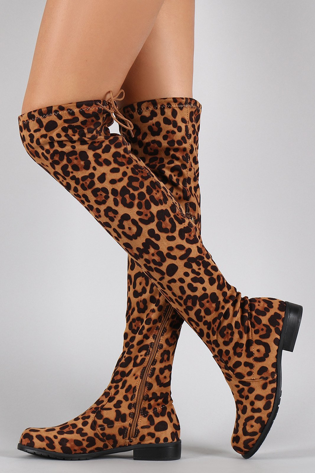 Bamboo Leopard Suede Tied Flat Thigh High Boot