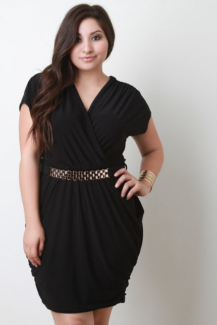 Ruched Surplice Dress With Belt
