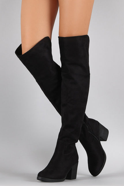 Bamboo Suede Folded Cuff Chunky Heeled Riding Boots