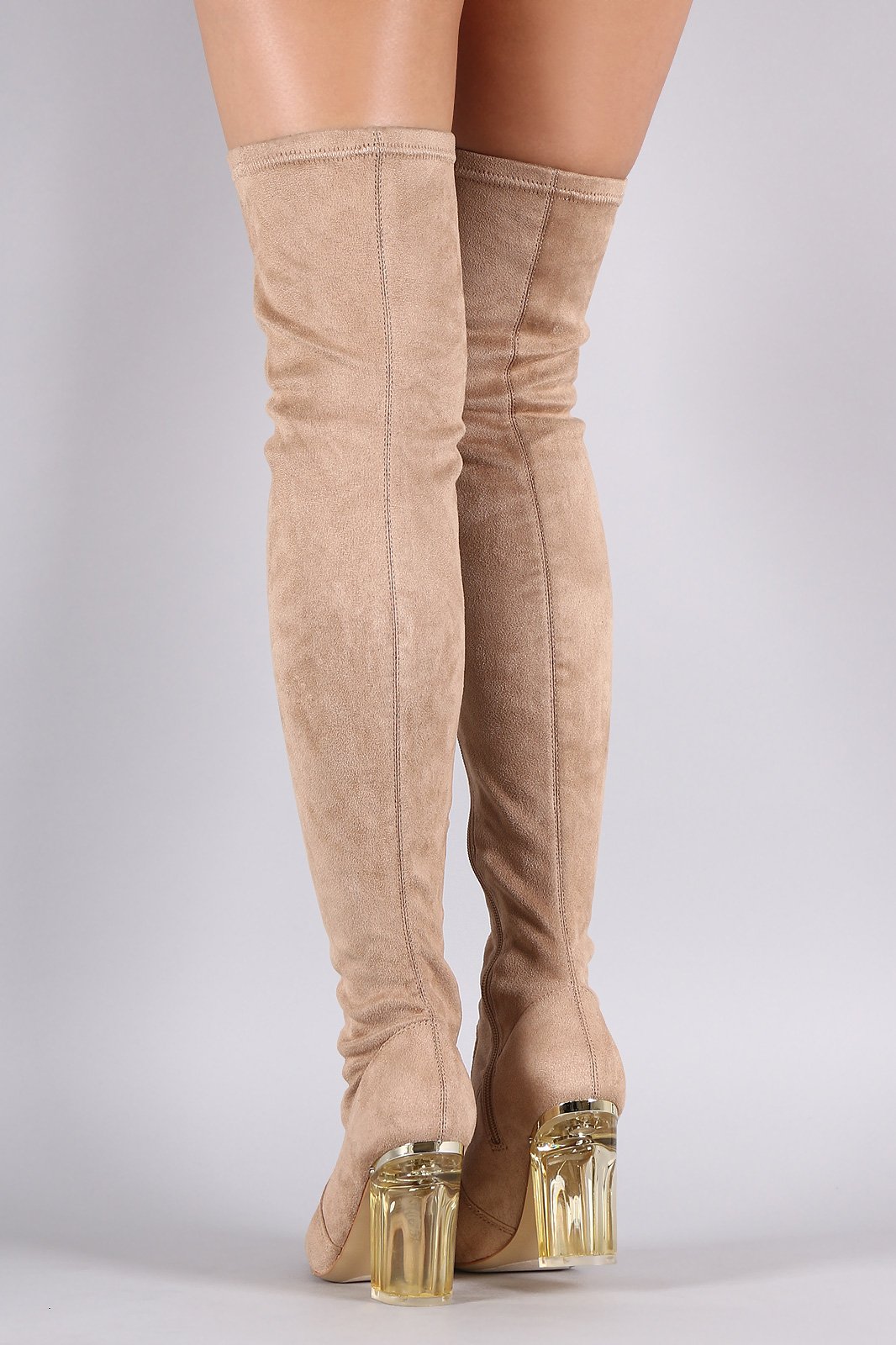 Suede Chunky Clear Heeled Over-The-Knee Boots