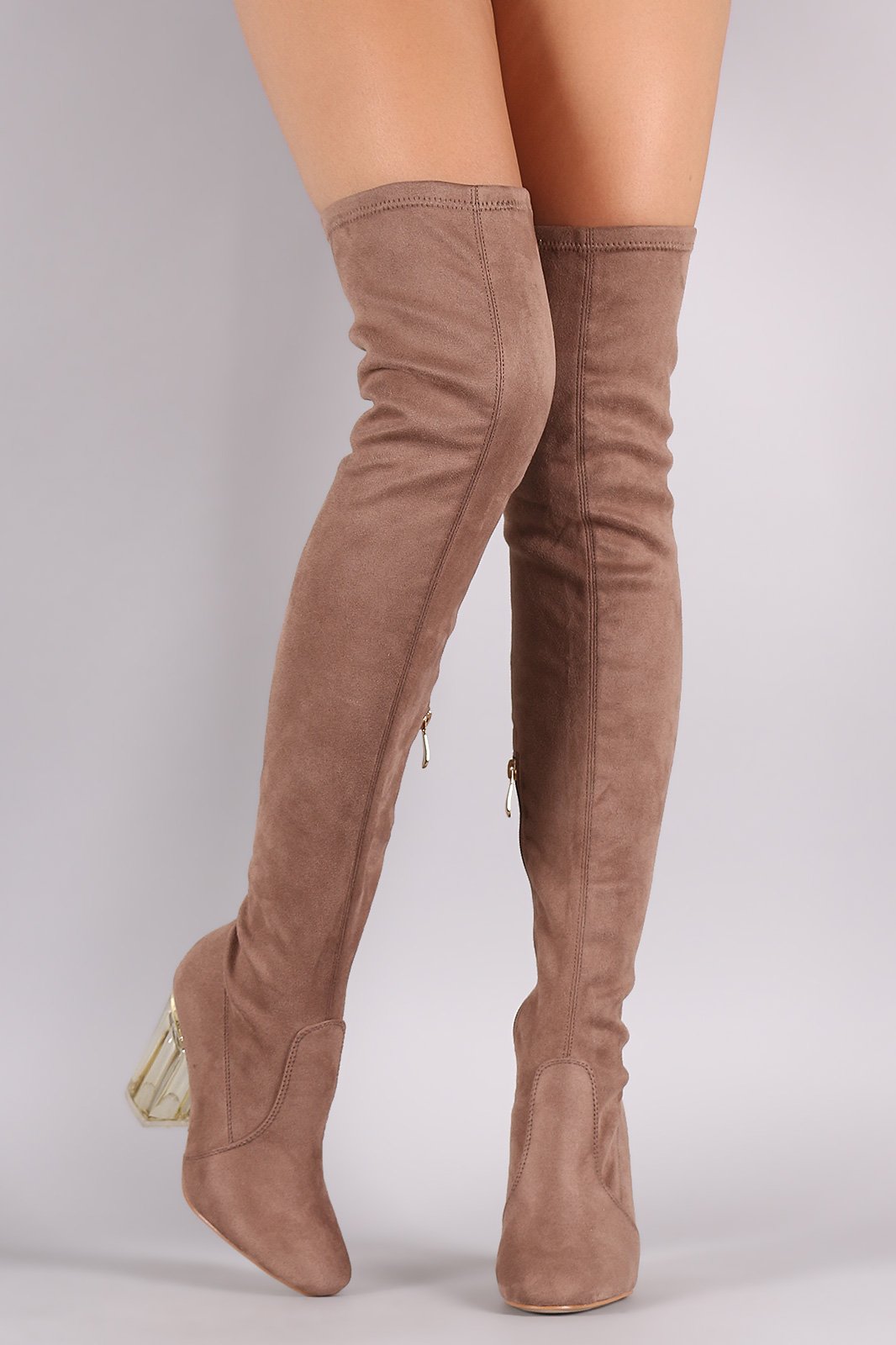 Suede Chunky Clear Heeled Over-The-Knee Boots