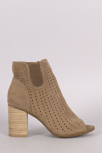 Perforated Peep Toe Chunky Heeled Ankle Boots
