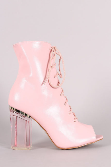 Peep Toe Lace Up Chunky Clear Heeled Ankle Boots