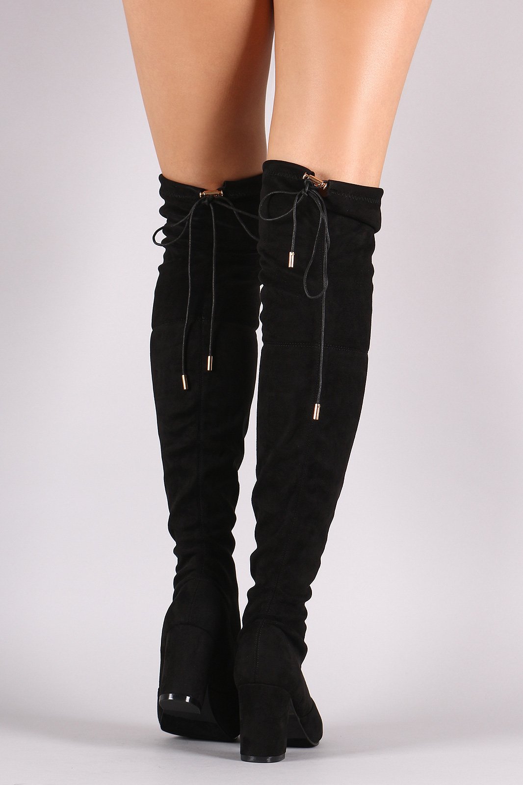 Suede Drawstring Tie Chunky Heeled Over-The-Knee Boots