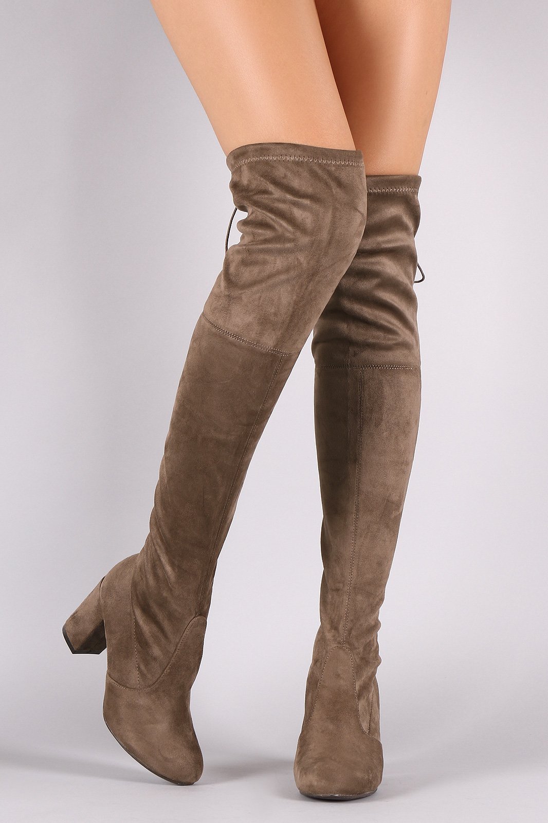 Suede Drawstring Tie Chunky Heeled Over-The-Knee Boots