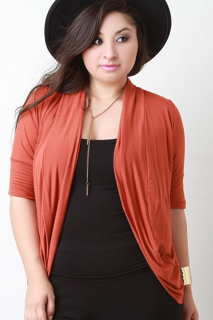 Solid Jersey Knit Elbow Sleeves Open Front Cardigan