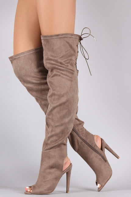 Qupid Suede Peep Toe Over the Knee Boots
