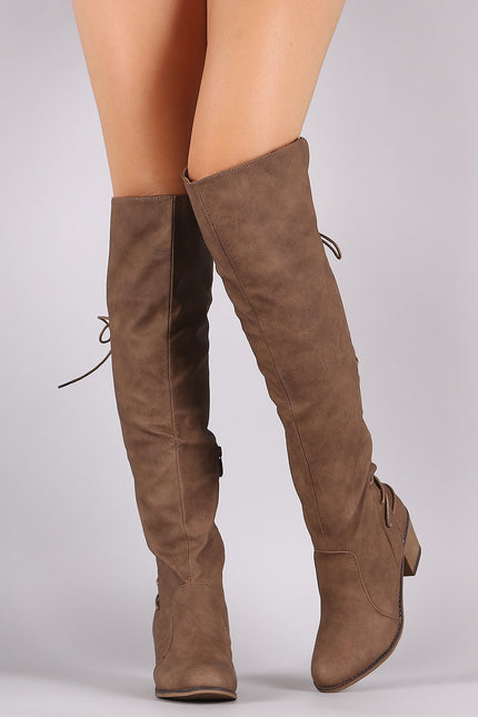 Back Corset Lace Up Chunky Heeled Over-The-Knee Boots