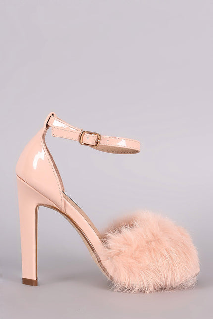 Fluffy Fur Band Ankle Strap Thick Heel