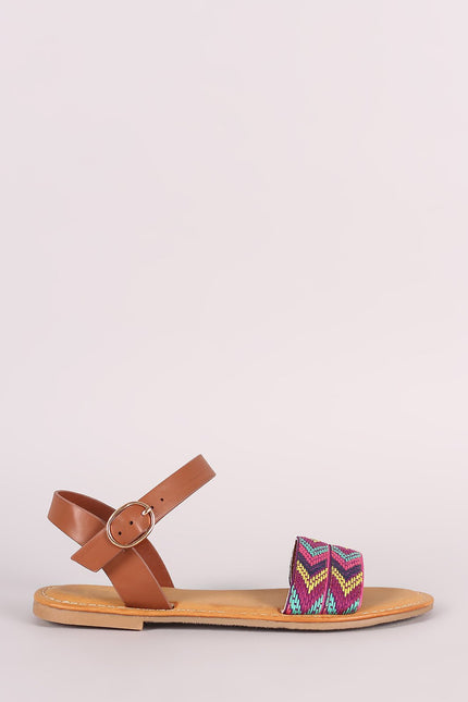 Bamboo Embroidered Chevron Ankle Strap Flat Sandal