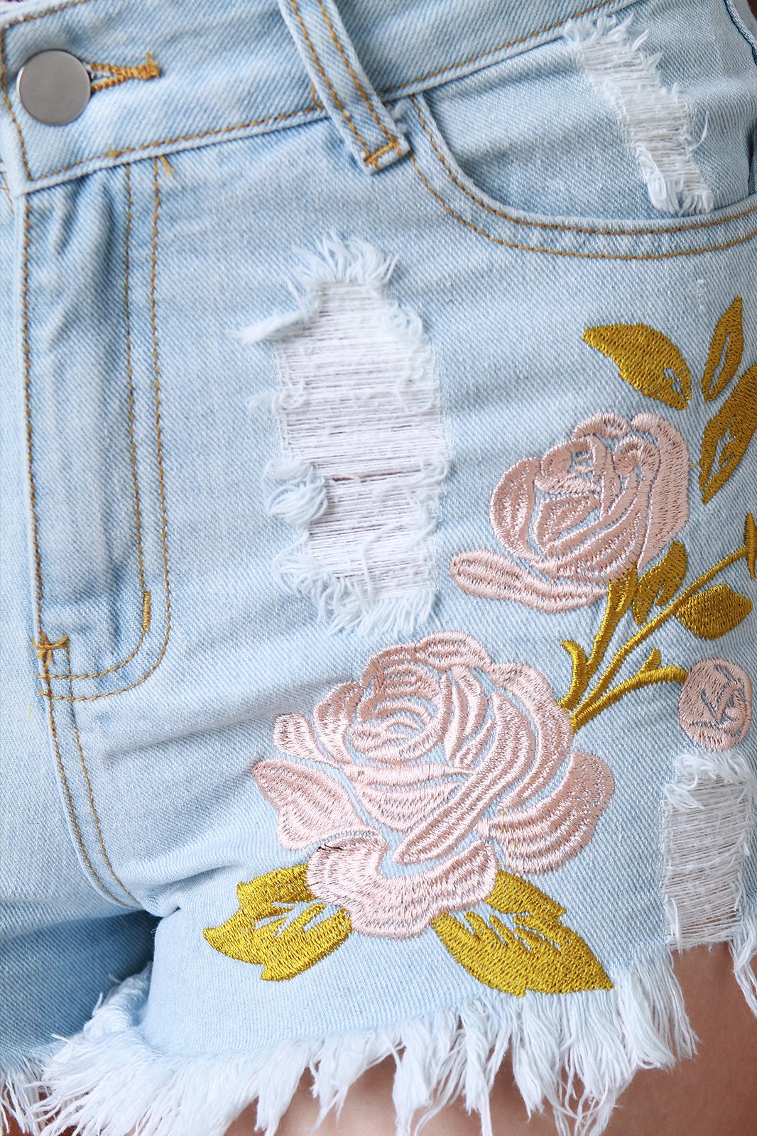 Floral Embroidered Distress High Waisted Denim Shorts - NoveltyOne