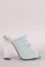 Shoe Republic LA Slit Frayed Denim Mule Chunky Clear Heel