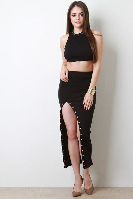 Button Accent High Neck Caged Back Crop Top