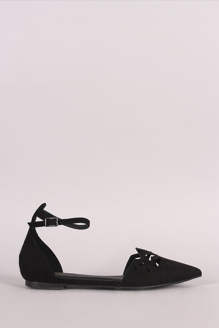 Suede Pointy Toe Cutout Ankle Strap Flat