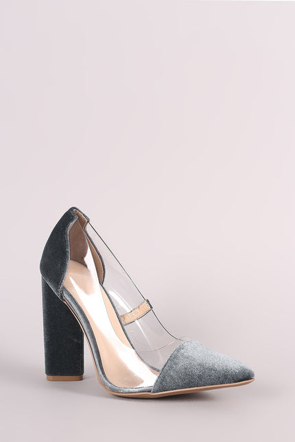 Qupid Crushed Velvet Clear Inset Chunky Heeled Pump
