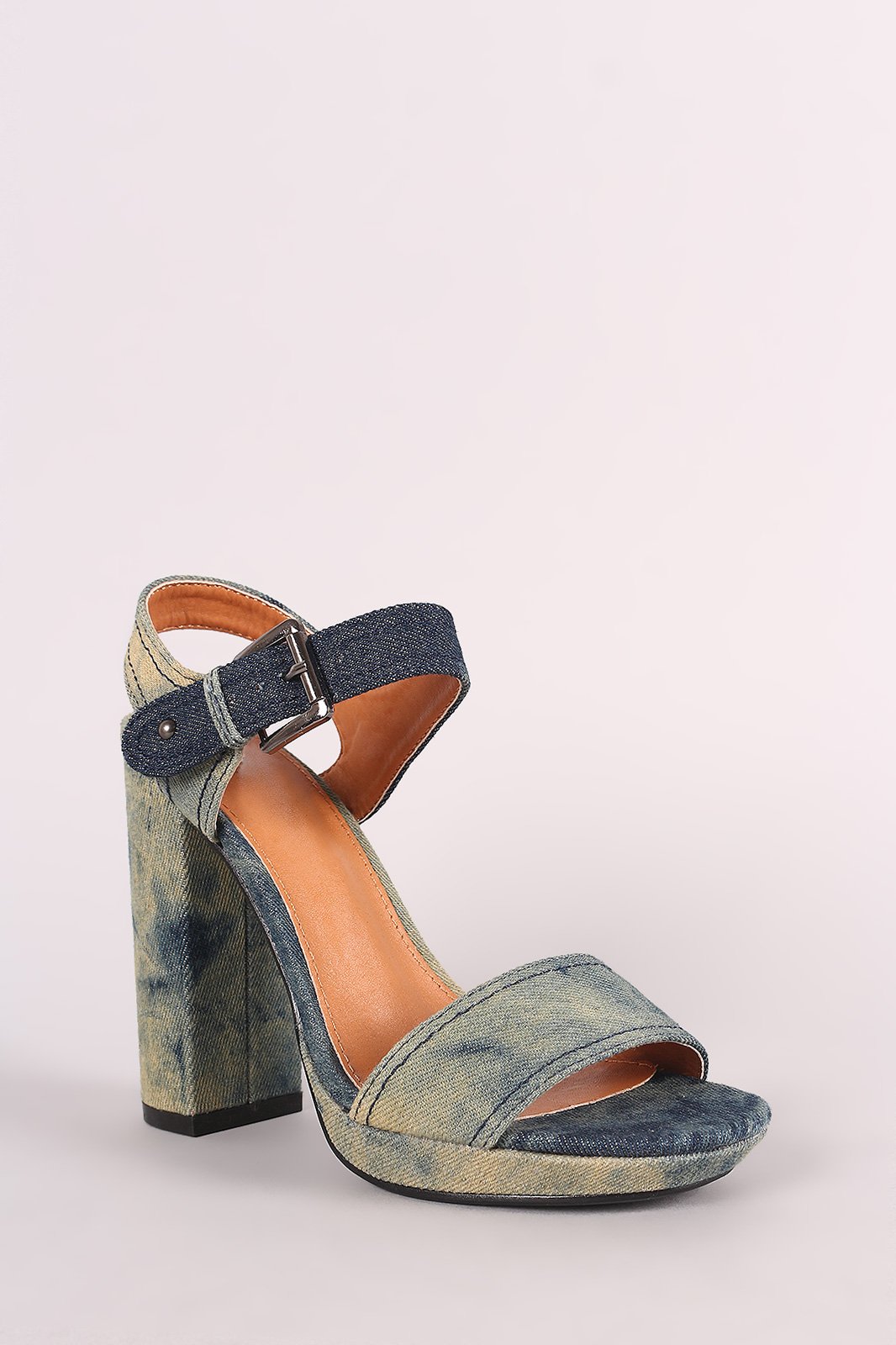 Denim Open Toe Ankle Strap Chunky Platform Heel