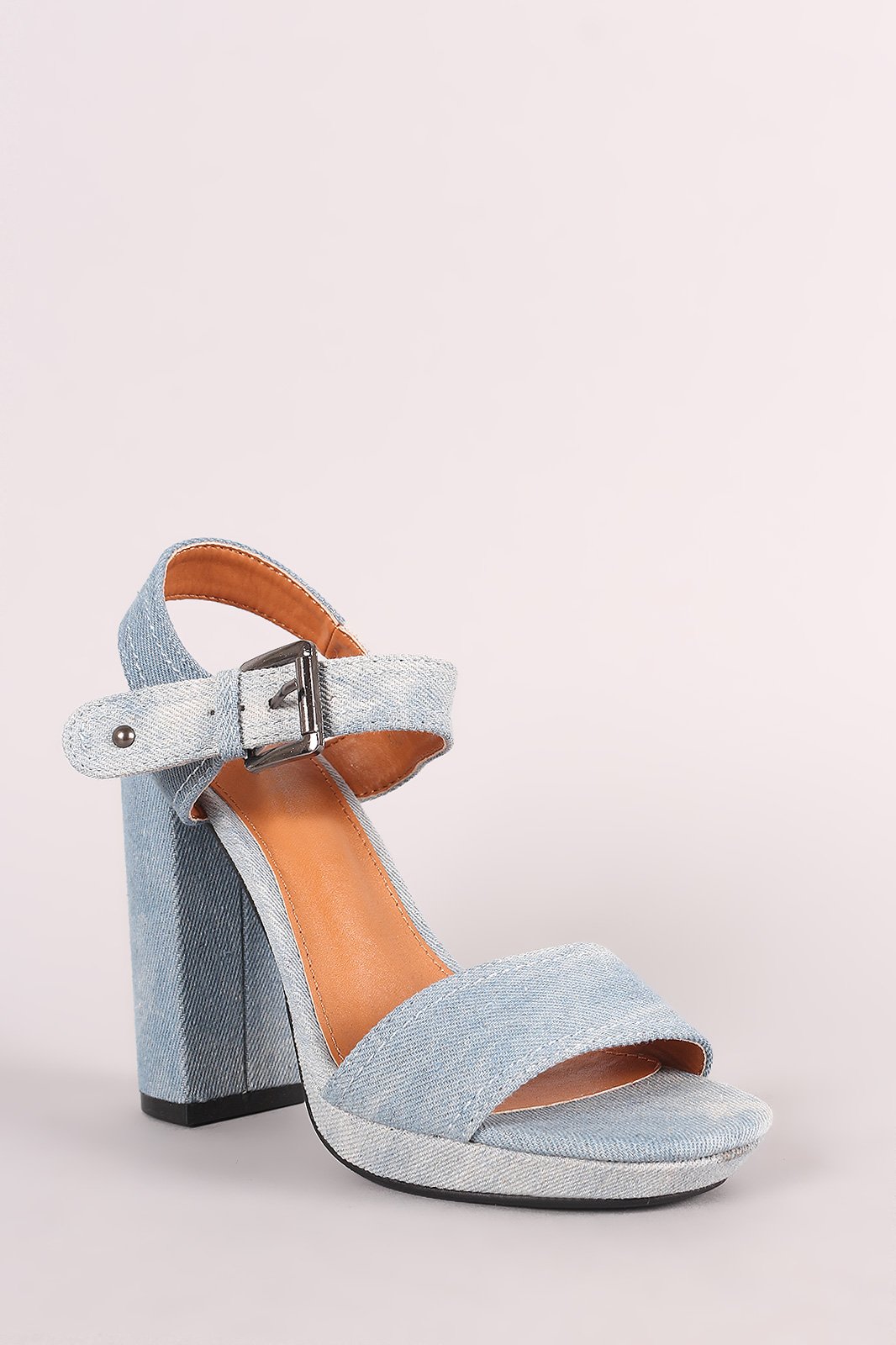Denim Open Toe Ankle Strap Chunky Platform Heel