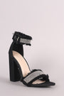 Liliana Frayed Denim Beaded Open Toe Chunky Heel