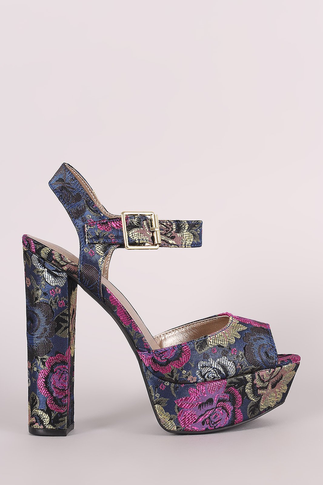 Qupid Floral Brocade Ankle Strap Chunky Platform Heel