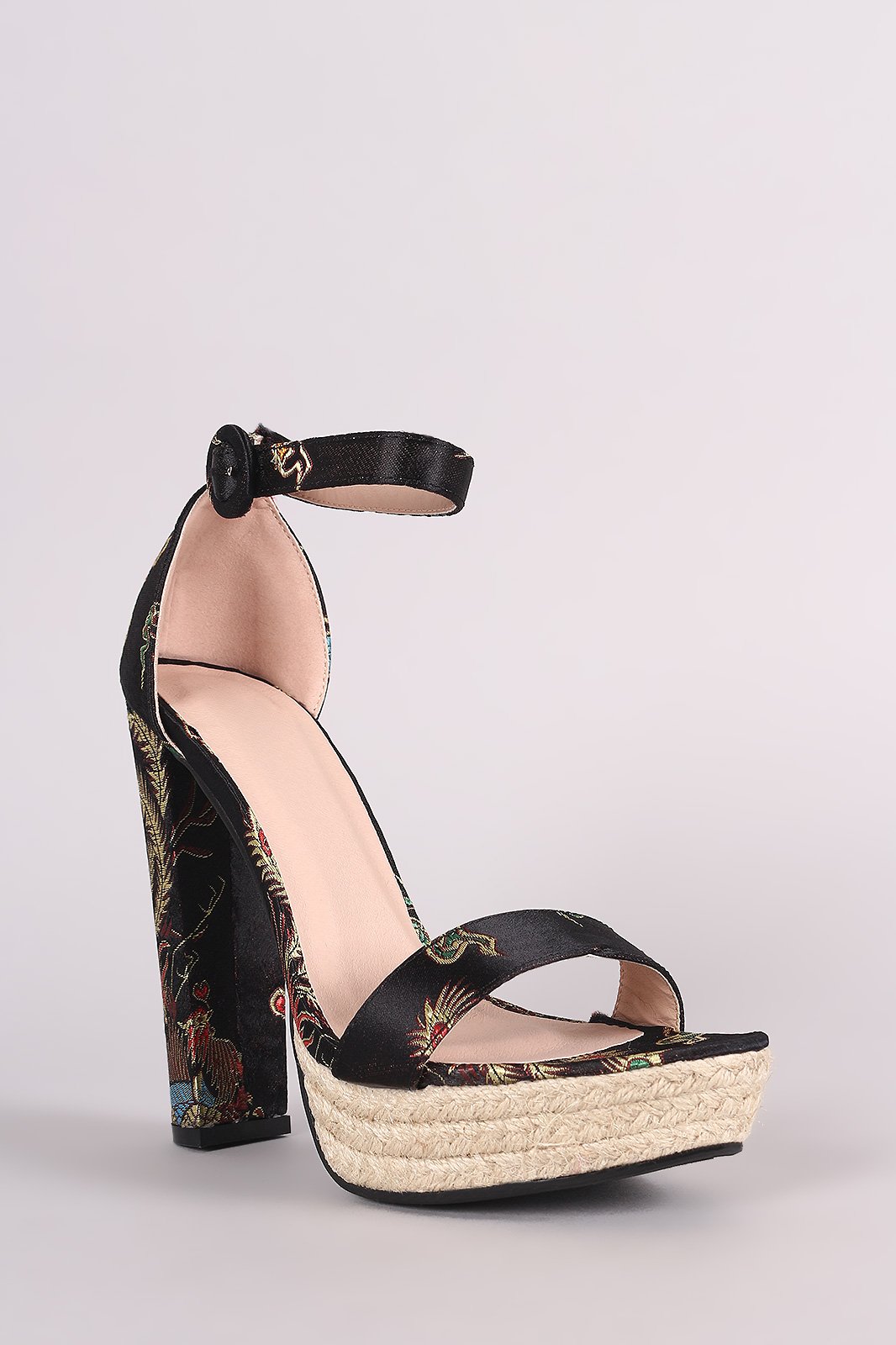 Floral Brocade Satin Ankle Strap Chunky Platform Heel - NoveltyOne
