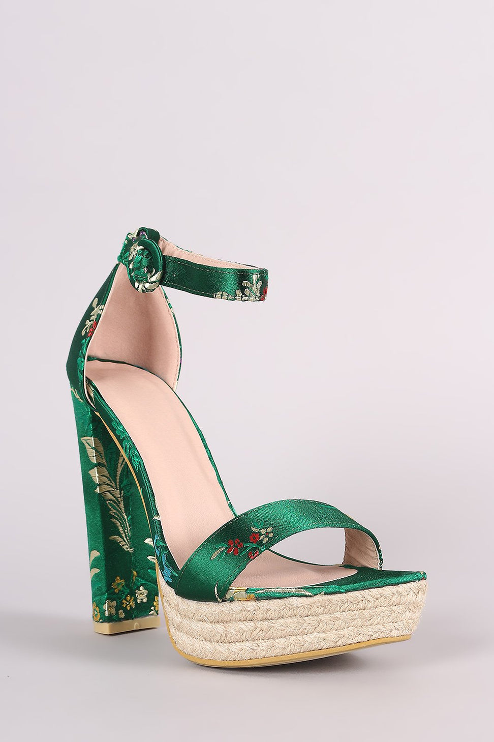 Floral Brocade Satin Ankle Strap Chunky Platform Heel - NoveltyOne