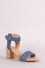 Bamboo Denim One Band Ankle Strap Cork Block Heel