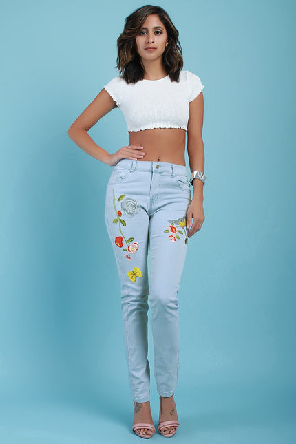 Bird And Butterfly Embroidered Denim Jeans
