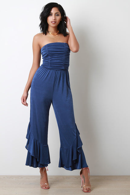 Strapless Ruched Tiered Ruffle Jumpsuit