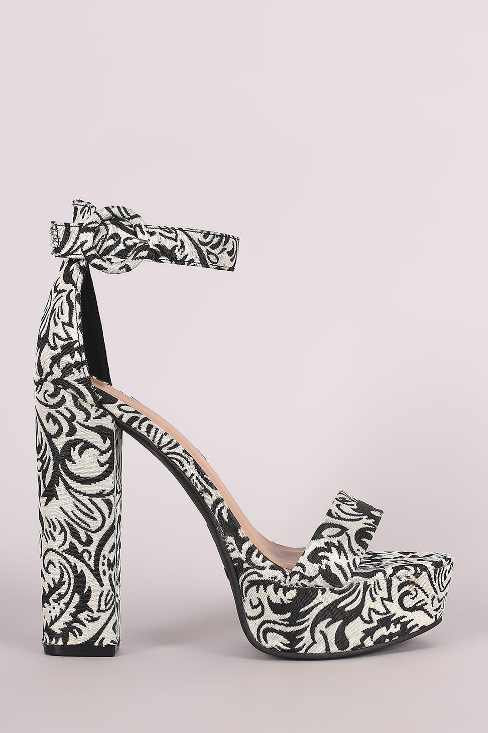 Bamboo Brocade Patterned Ankle Strap Chunky Platform Heel