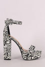 Bamboo Brocade Patterned Ankle Strap Chunky Platform Heel