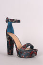 Bamboo Floral Brocade Ankle Strap Chunky Platform Heel