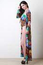 Vibrant Feather Print Floor Swept Cover-Up Cardigan