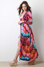 Vibrant Feather Print Floor Swept Cover-Up Cardigan