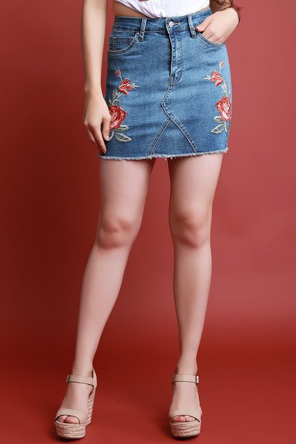Embroidered Floral Denim Mini Skirt