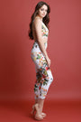 Floral V-Neck Open Midriff Fitted Jumpsuit