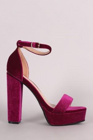 Velvet Open Toe Ankle Strap Chunky Platform Heel