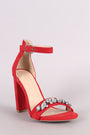 Wild Diva Lounge Suede Open Toe Rhinestone Accent Chunky Heel