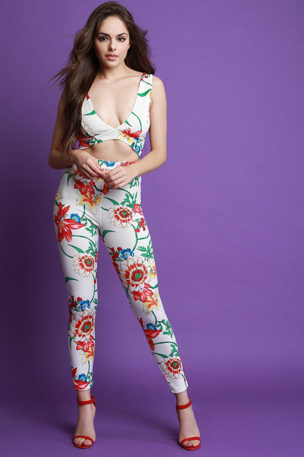 Floral Sleeveless V-Neck Open Midriff Fitted Jumpsuit