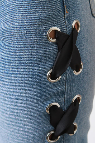 【RANCHIC】side slit denim ribbon pants Side Slit Denim Ribbon Pants / RANCRIC
