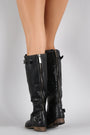 Breckelle Double Buckle Ruched Round Toe Riding Knee High Boot