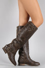 Breckelle Double Buckle Ruched Round Toe Riding Knee High Boot