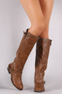Breckelle Double Buckle Ruched Round Toe Riding Knee High Boot