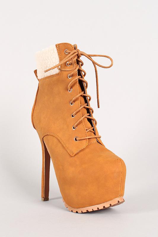 Two-Tone Shearling Collar Platform Stiletto Work Booties
