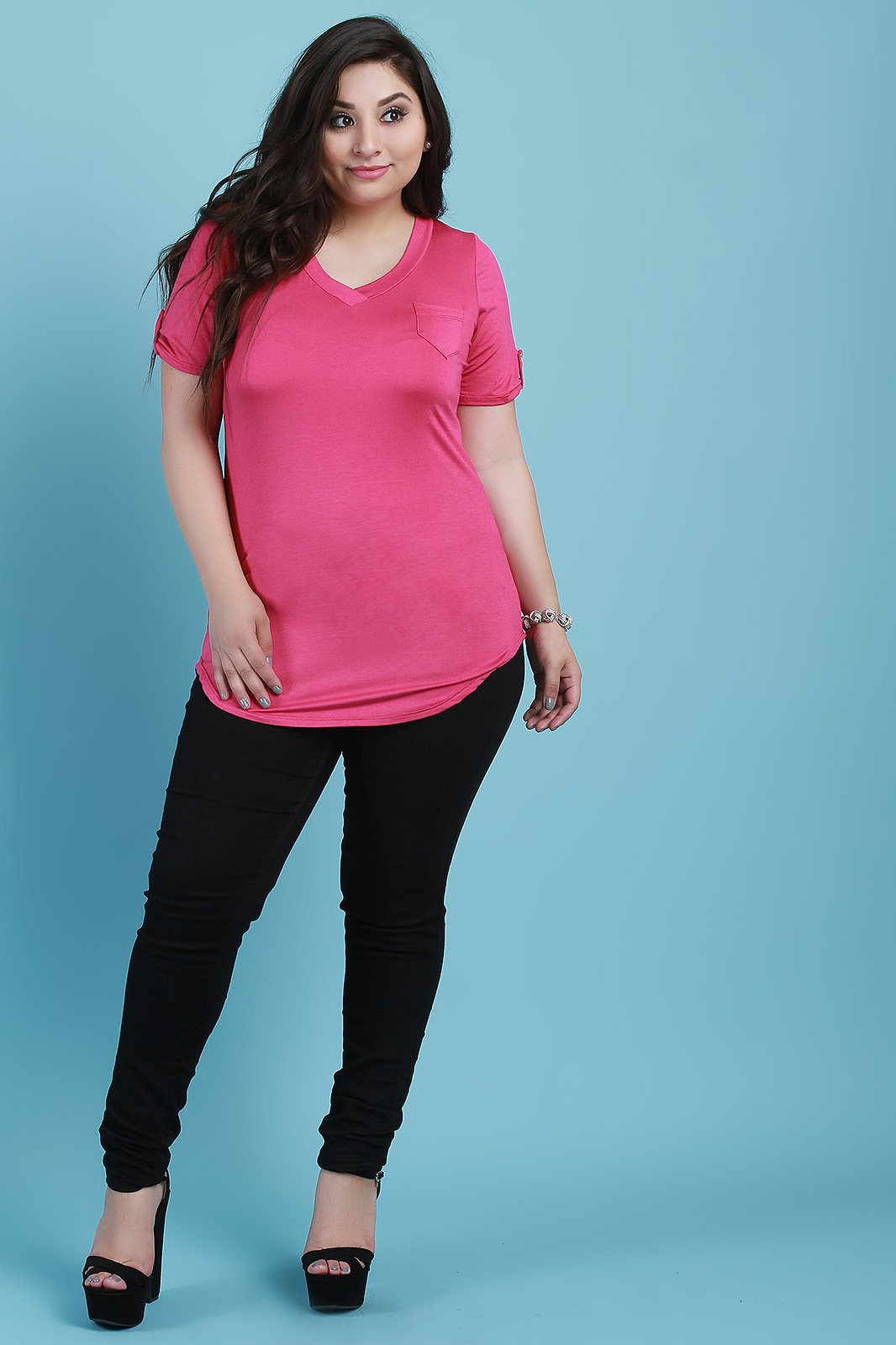 V-Neck Pocket Tab Sleeve Round Hem Top