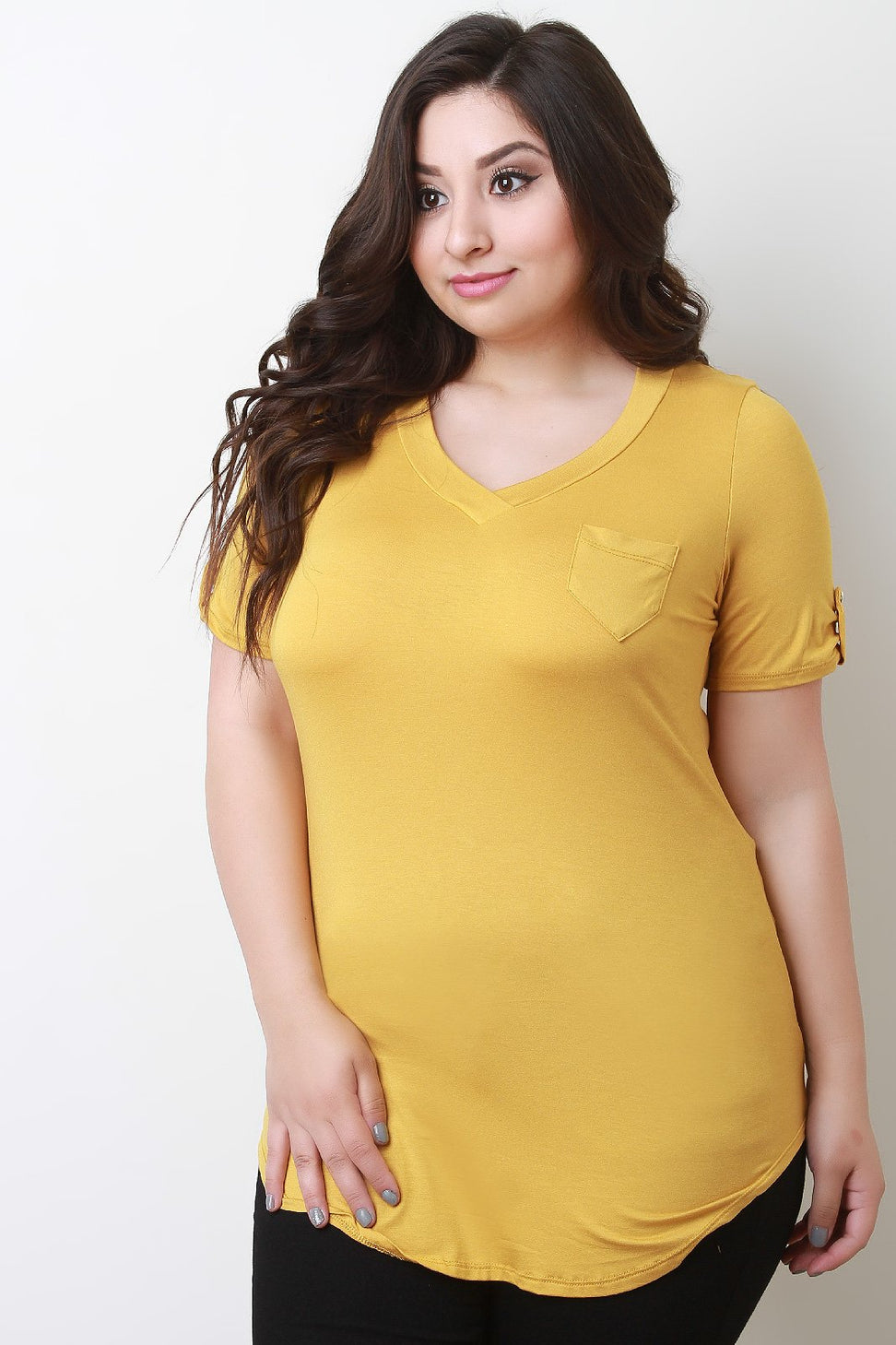 V-Neck Pocket Tab Sleeve Round Hem Top