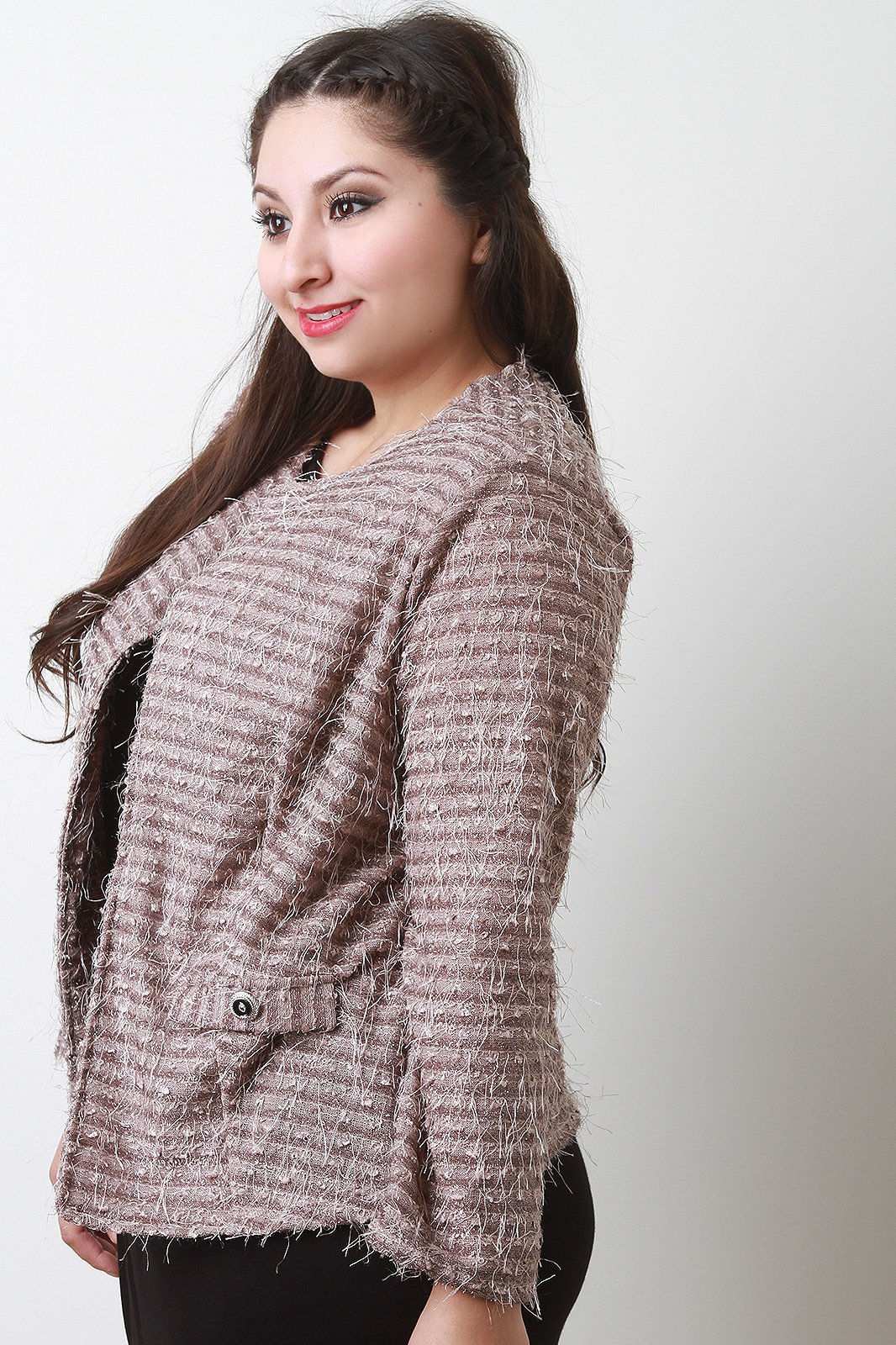 Frayed Long Sleeves Faux Pocket Collarless Jacket - NoveltyOne