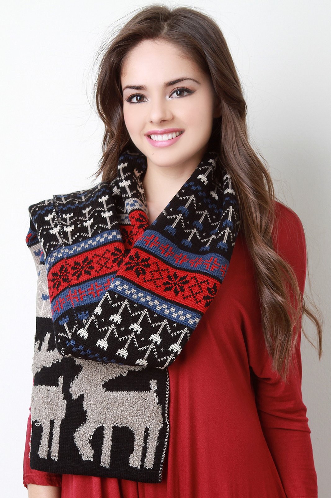 Loop Knit Reindeer Fair Isle Scarf - NoveltyOne