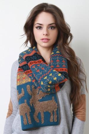 Loop Knit Reindeer Fair Isle Scarf - NoveltyOne