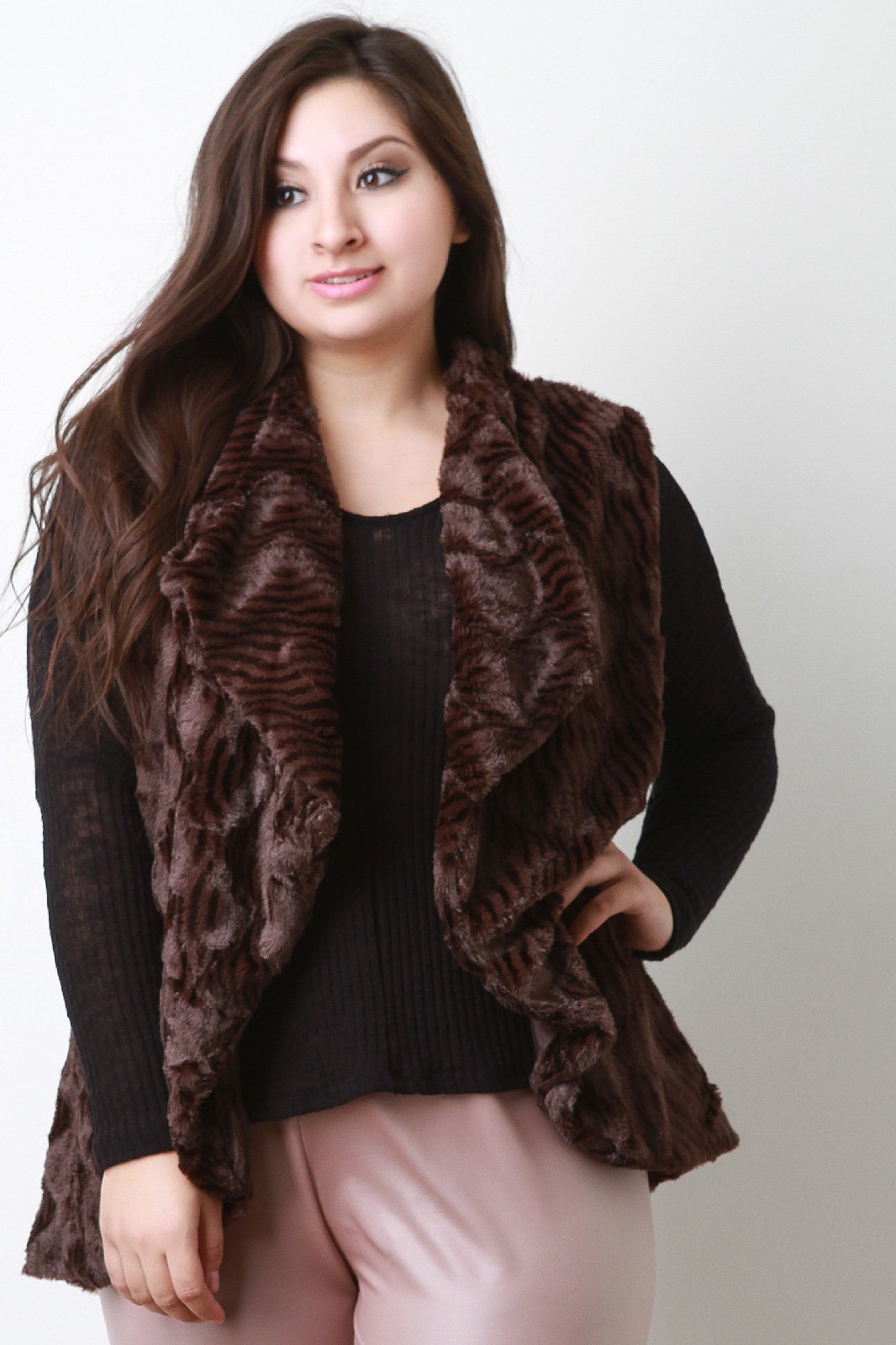 Striped Texture Faux Fur Vest